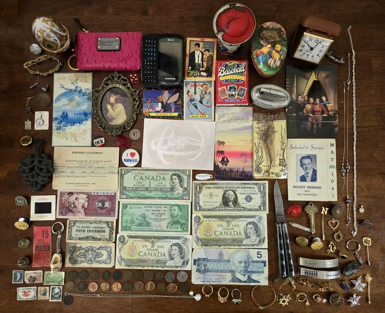 Vintage To Now Junk Drawer Lot Of Foriegn Currency, Stamps, Jewerly, & More