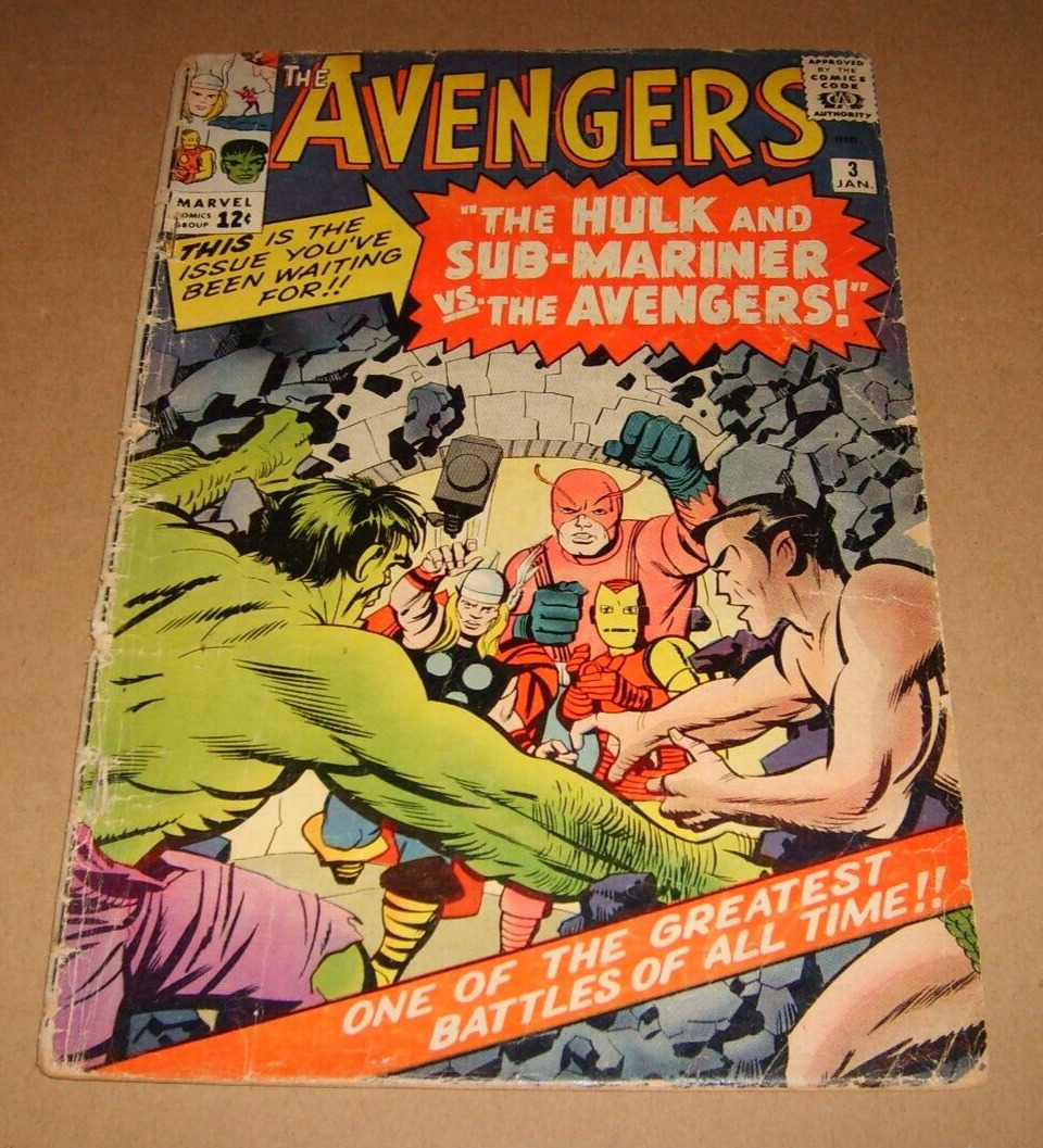 AVENGERS #3 Silver Age Hulk Iron Man Thor Sub-Mariner Marvel Comic 1964 G/GOOD