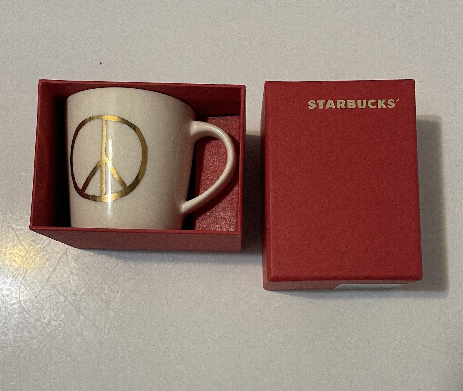Starbucks Coffee Espresso Gold Peace Sign Small Mug/Cup 3oz, 2015 In Box