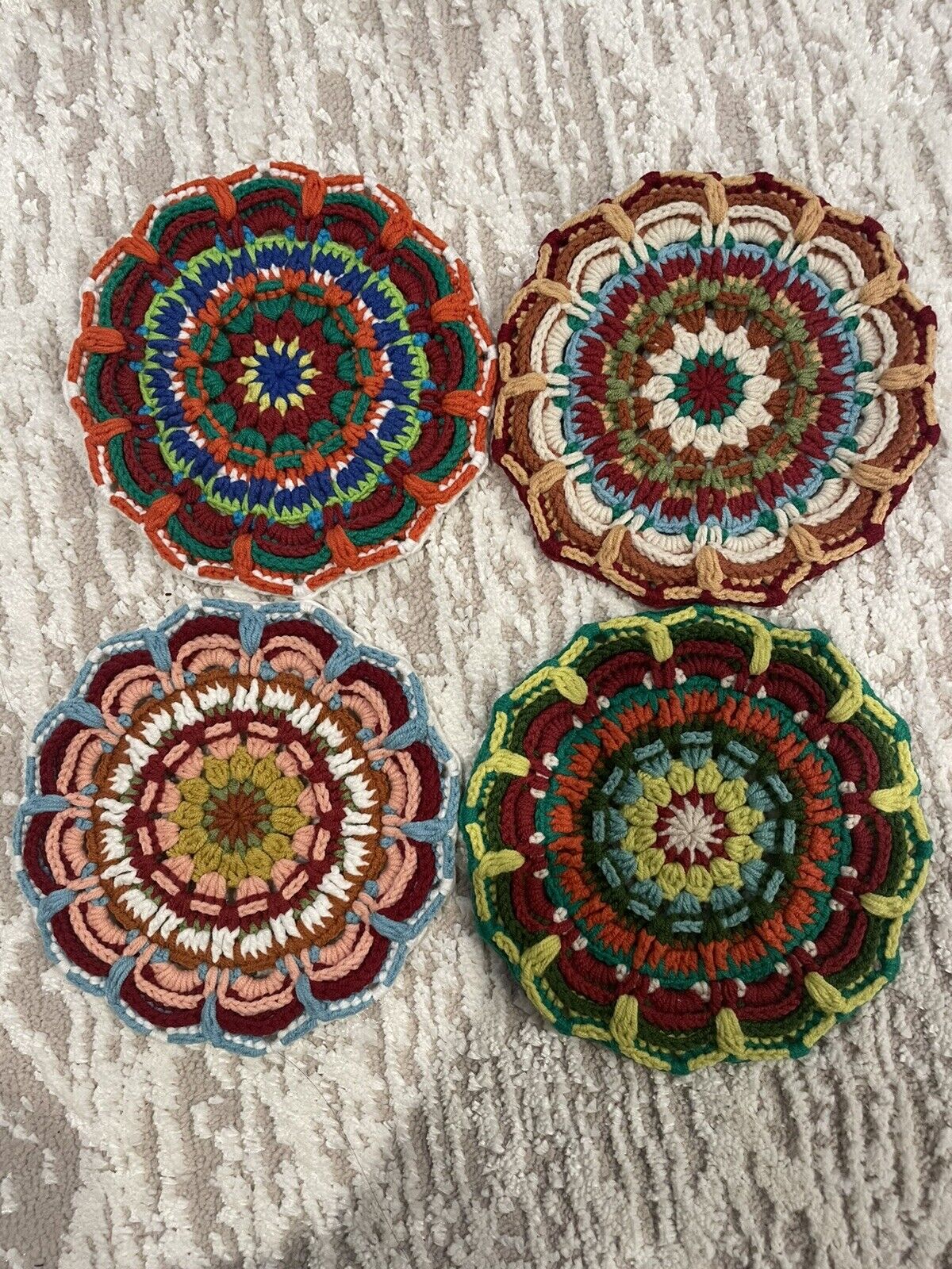 Hand Crochet Doilies Rainbow Colorful Mandala Round Boho Lace Flower Coaster Set