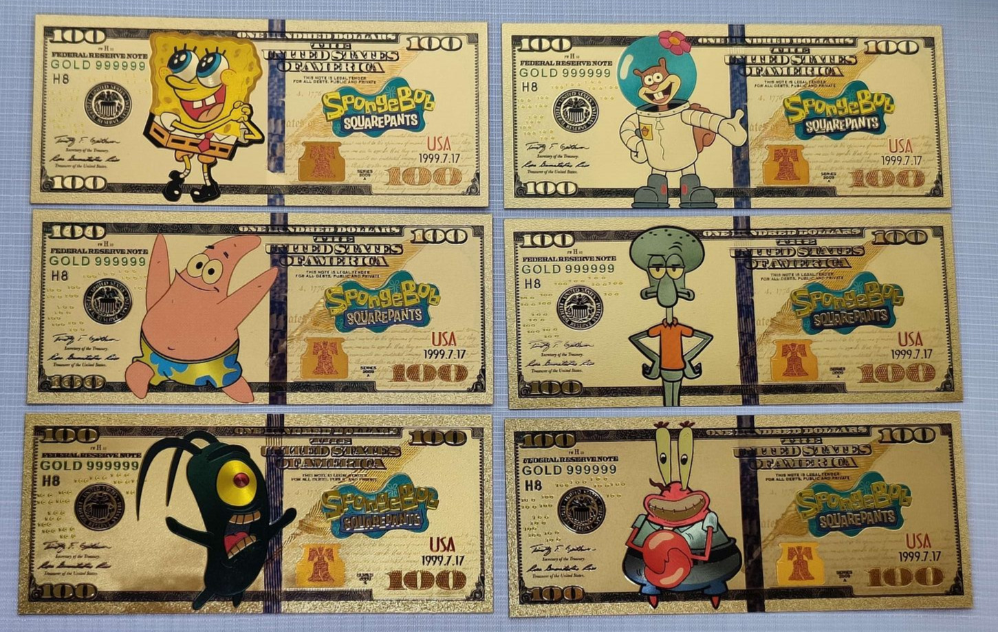 Spongebob SquarePants 24K Gold Foil Plated Banknote 6 Pcs Set Patrick Krabs Gift