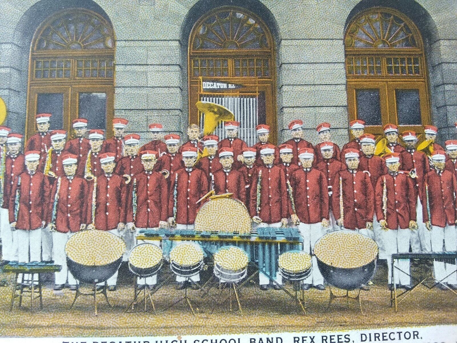 Vtg postcard.Decatur high School band, Rex Rees. Schudels\' Model inc. Illinois