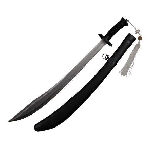 New Chinese Broad Sword With Sharp Steel Blade and White Tassels Black Scabbard
