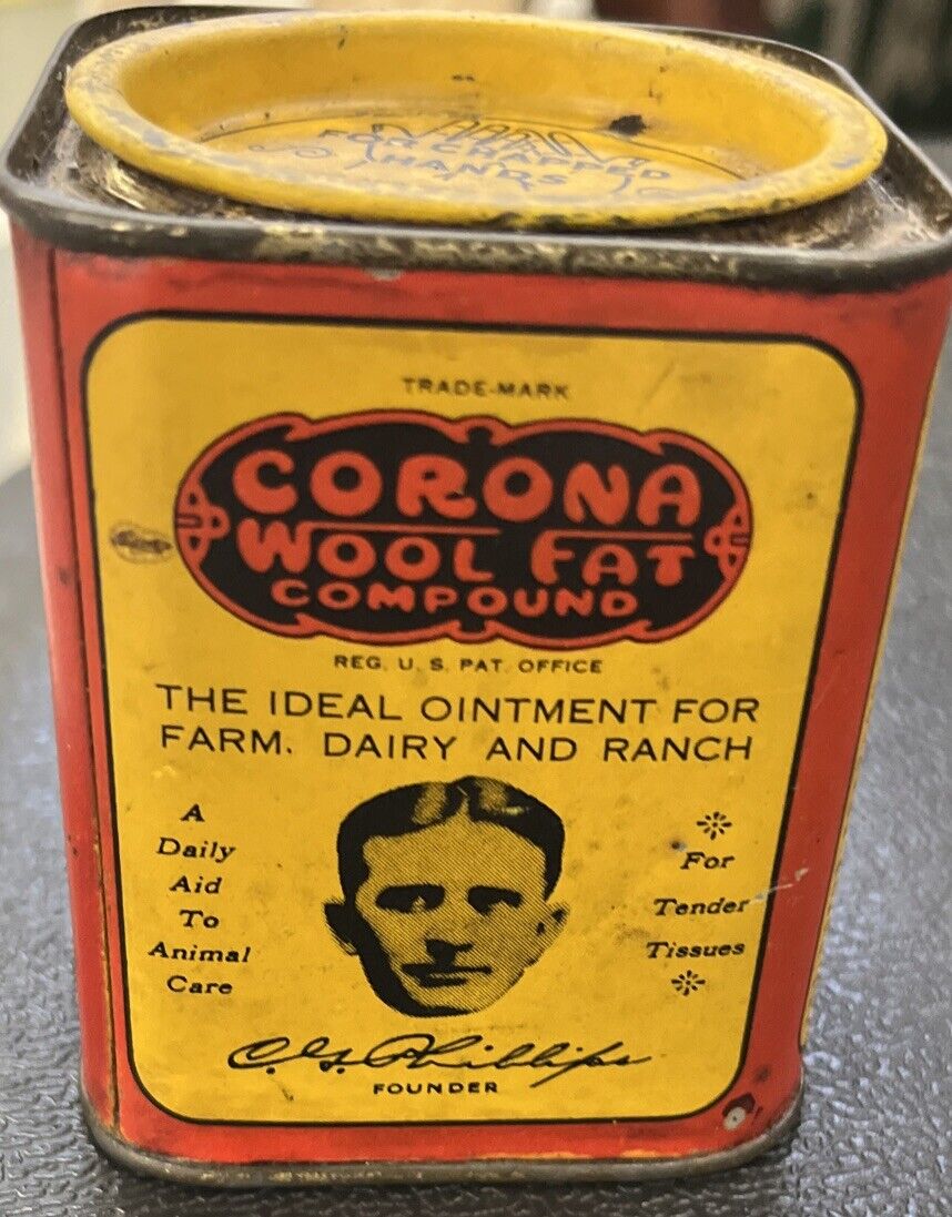 vintage Corona Wool Fat tin can Full Great Graphics Rare