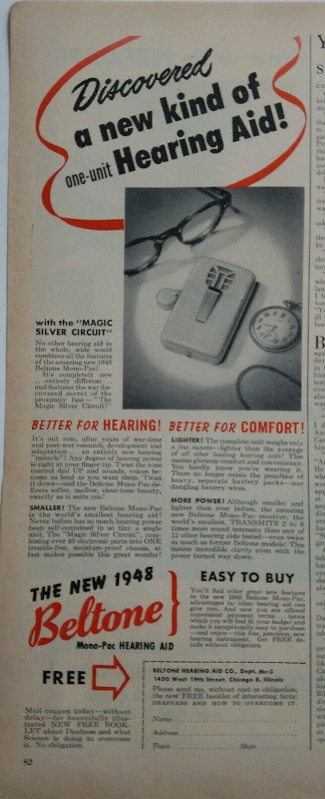 1948 Beltone one unit mono Pac hearing aid better comfort vintage ad