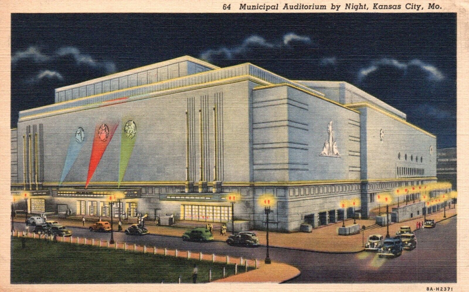 Postcard MO Kansas City Municipal Auditorium by Night Linen Vintage PC f5571