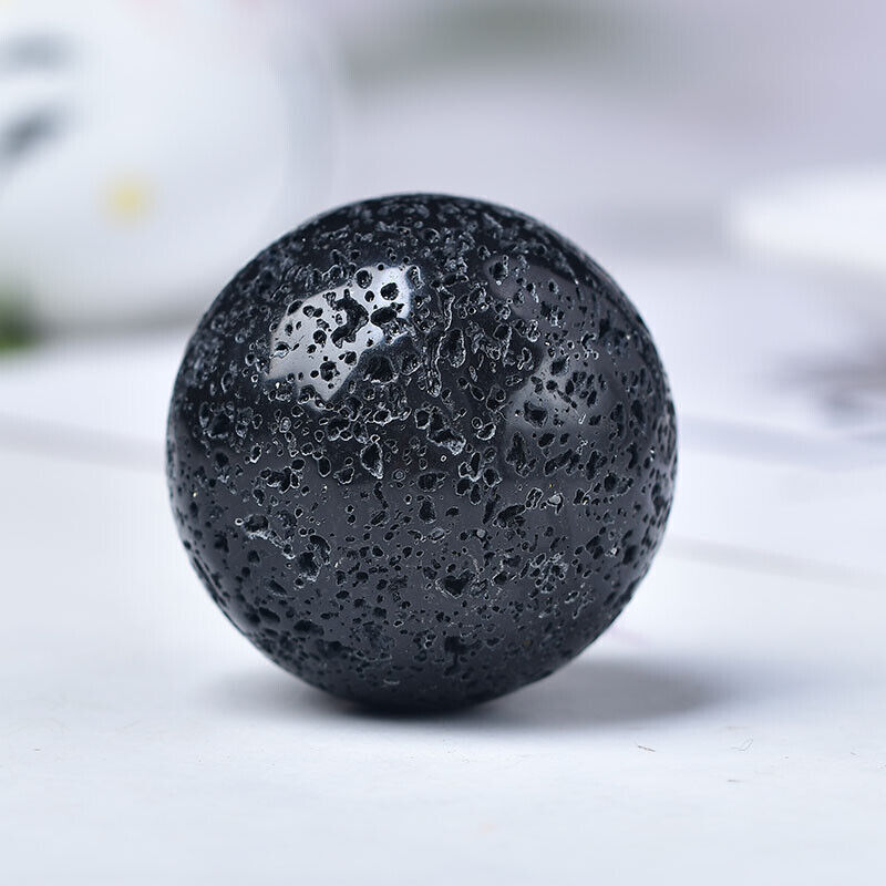 Natural Black Volcanic Lava Gemstone Sphere Reiki Healing Ball 40mm + Stand