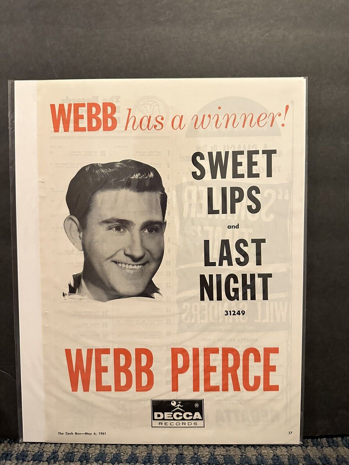 1961 Webb Pierce Singles, Sweet Lips & Last Night Print Ad,  (A1)