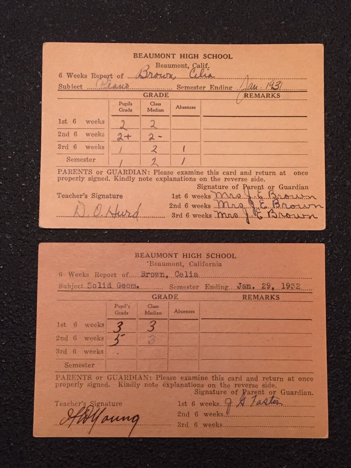 Lot 2 Vintage 1930s Report Cards Beaumont High School Piano Solid Geometry 31 32