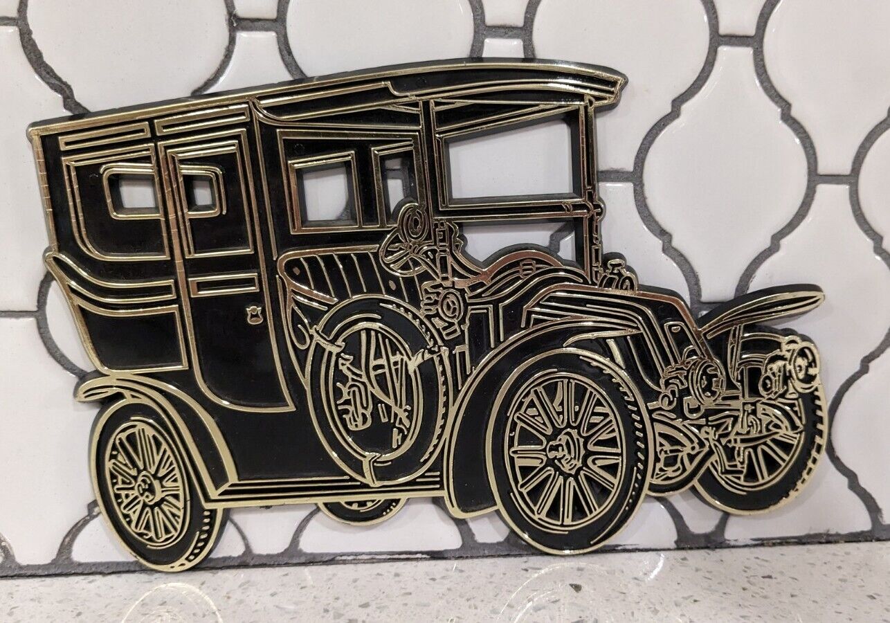 VINTAGE 1968 BLACK & GOLD PLASTIC SELF-ADHESIVE 1906 RENAULT CAR PLAQUE