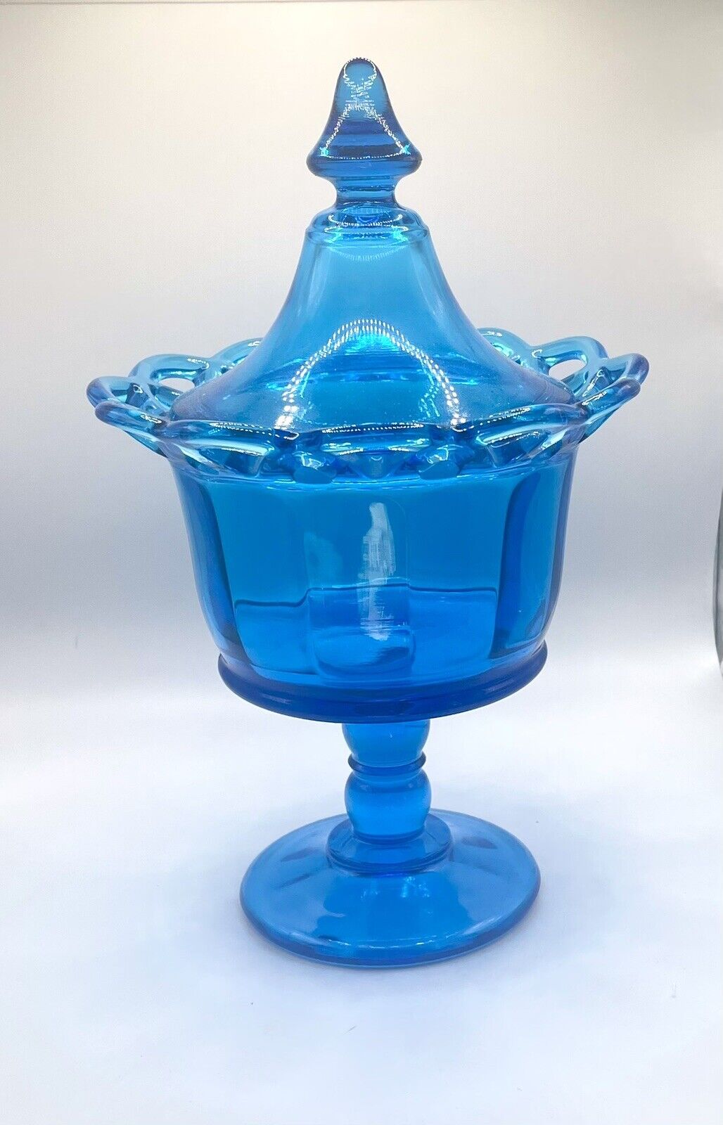 Vtg Viking Blue Glass Pedestal Candy Dish With Lid
