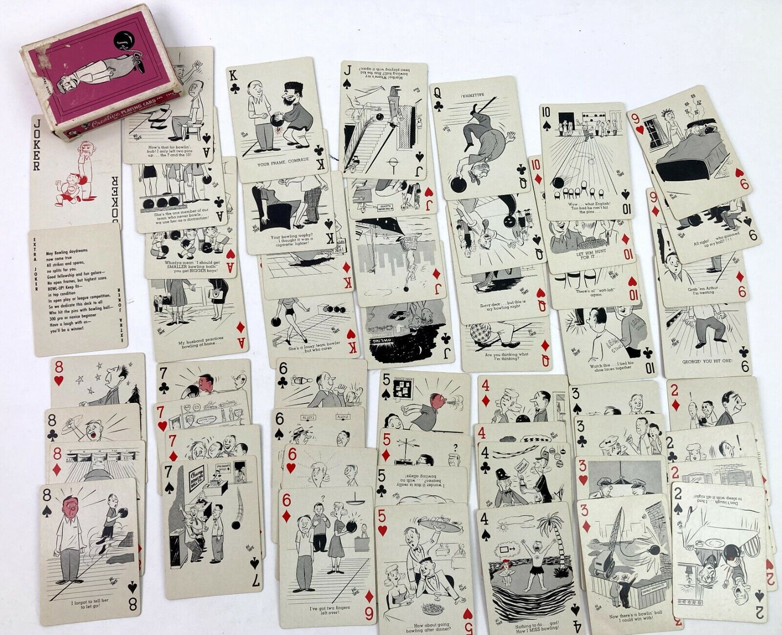 Vintage Creative Playing Cards 52 Cartoons Bowl Up With Box Complete Jokes F6