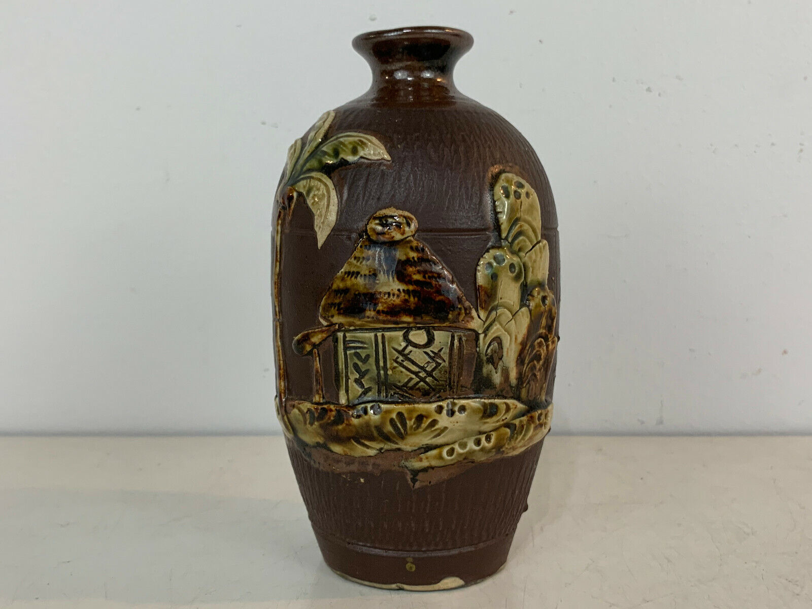 Asian Japanese Ceramic Art Pottery Signed Vase w/ Hut House & Tree Decoration