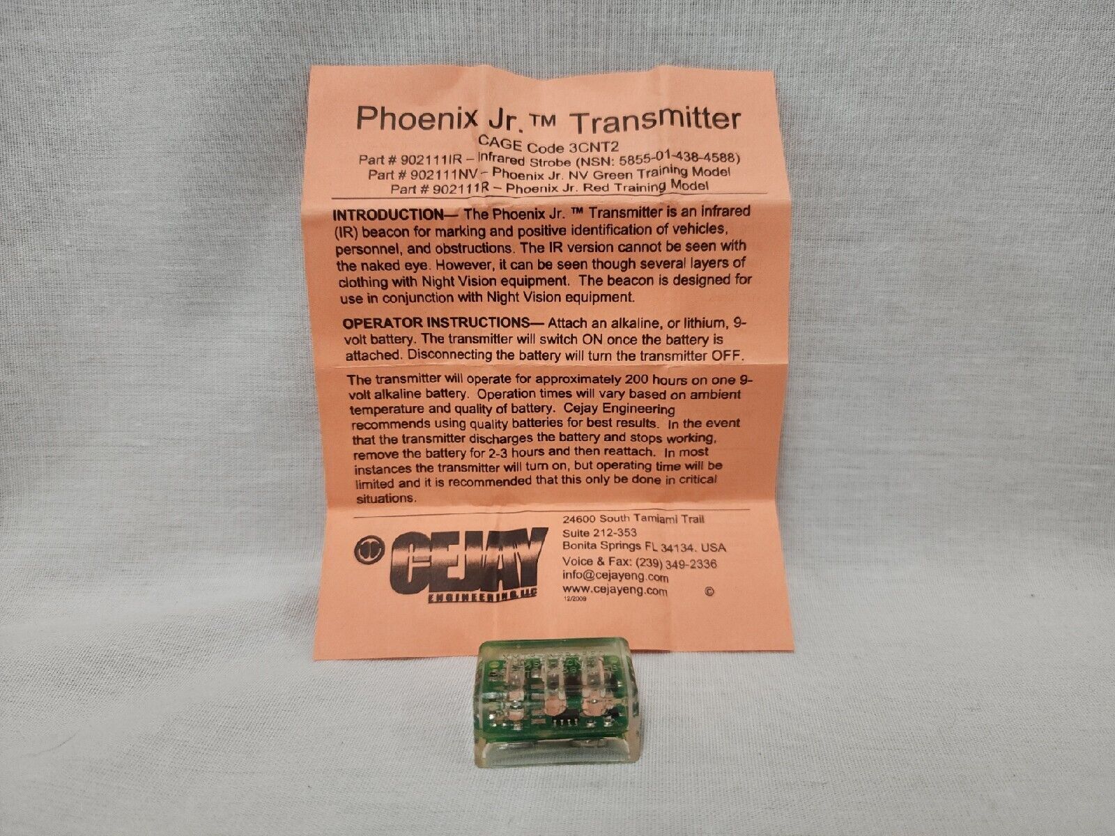 Phoenix Jr Transmitter CAGE Code 3CNT2 Part 904211IR battery NOT Included