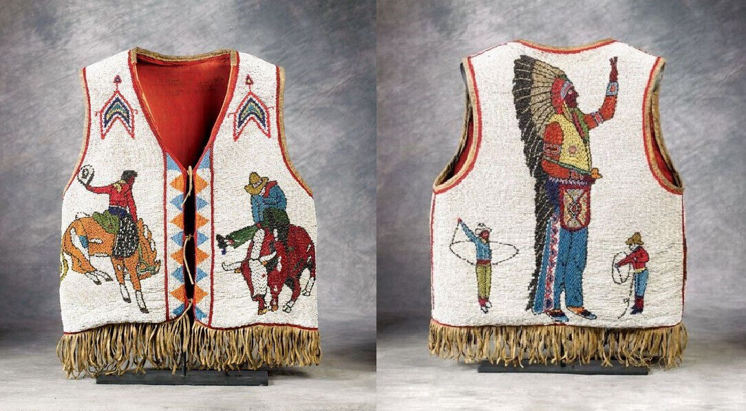 Old American Style Handmade Chief Pictoral Beaded Vest Powwow Regalia Vest BV515