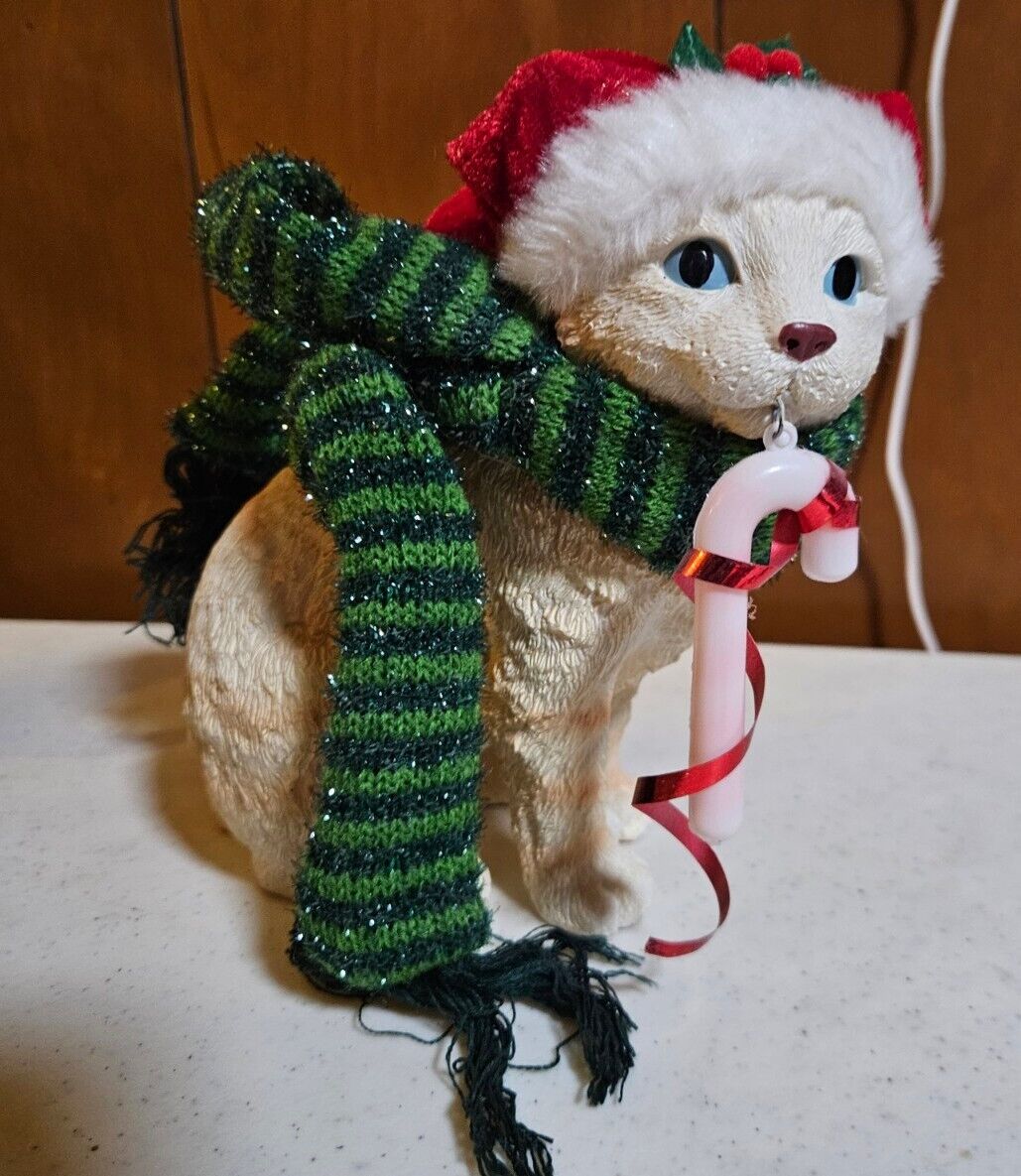Cat Figurine With Santa Hat And Green Striped Scarf, Candy Cane