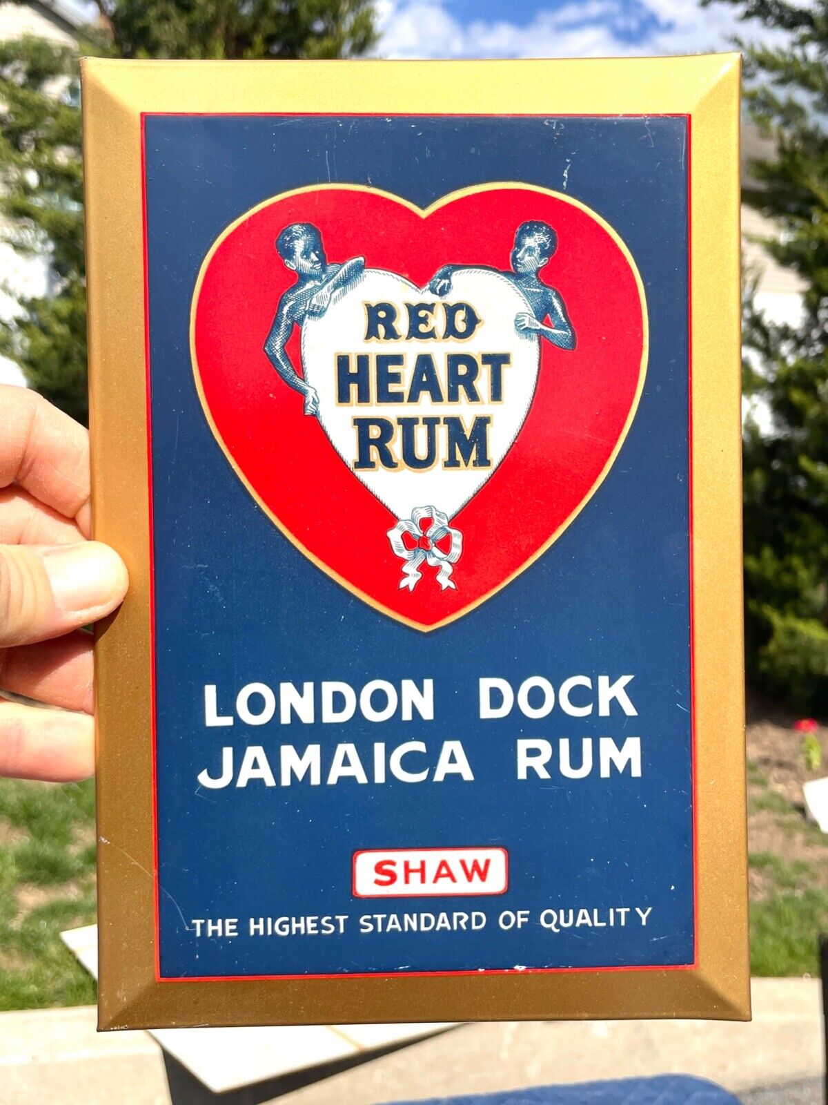 TIN OVER CARDBOARD RED HEART RUM JAMAICA SIGN ADVERTISING SHANK CO RARE