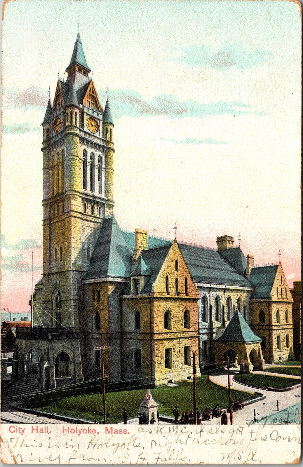 Holyoke MA-Massachusetts, City Hall, Clock Tower, Vintage Postcard