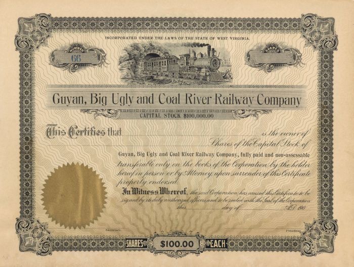 Guyan, Big Ugly and Coal River Railway Co. - Stock Certificate - Railroad Stocks