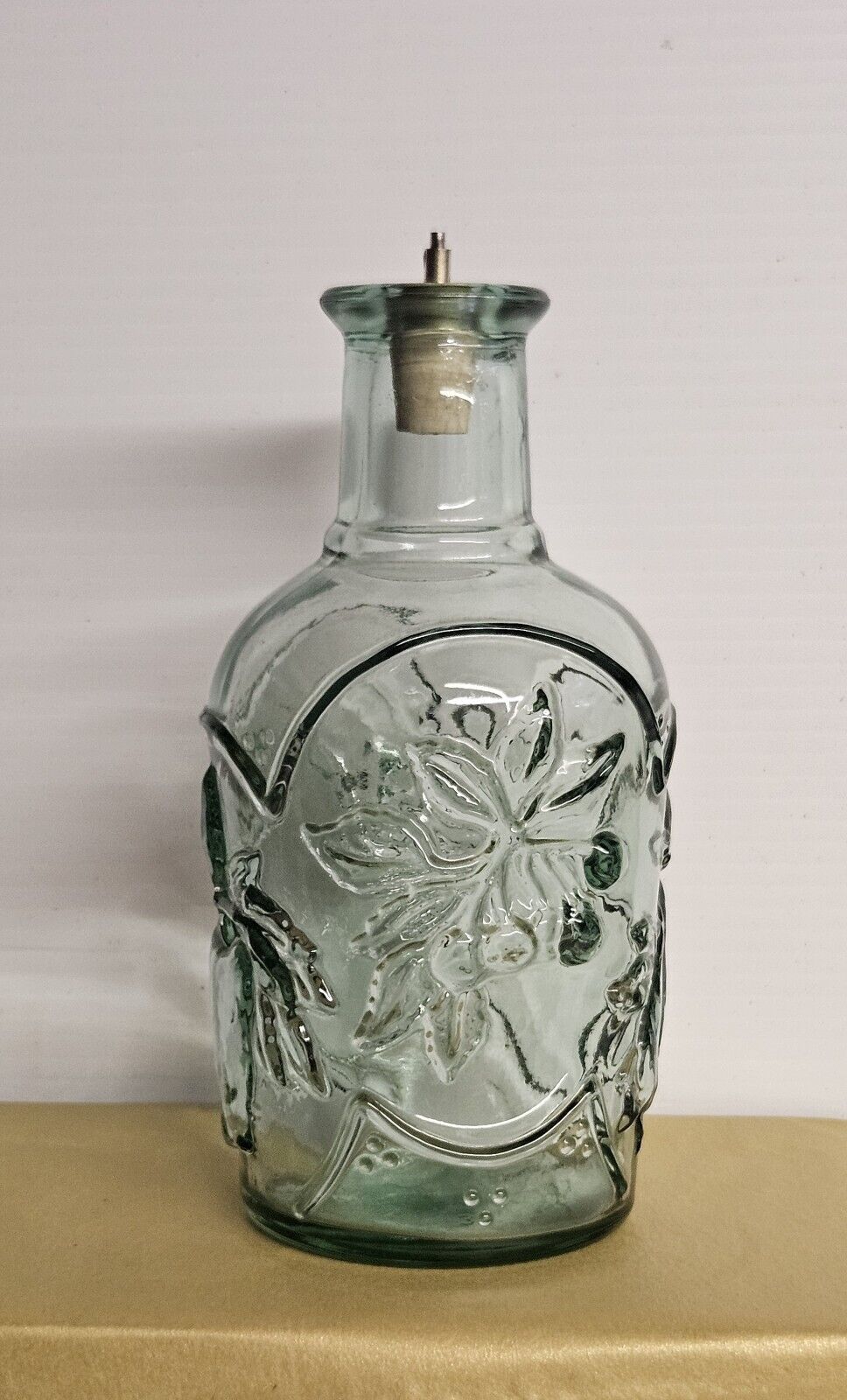 Vintage Libbey  #11 Orchard Fruit Green Tint Embossed Glass Bottle Jar Decanter