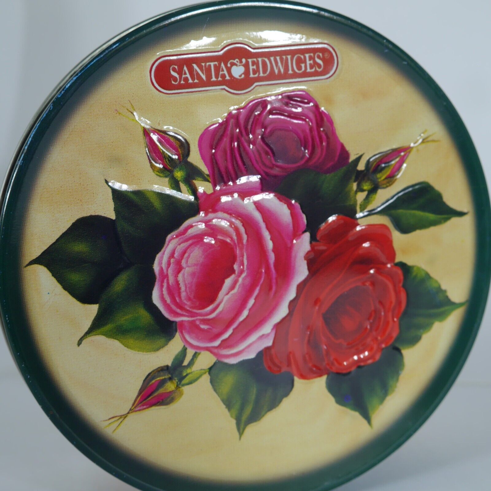 Vintage Santa Edwiges Tin Rose Container Brazil Canister Collectible Cookie Jar