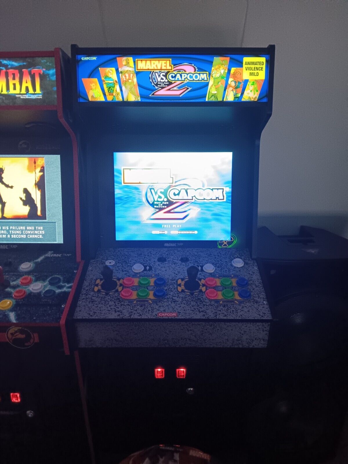 Arcade1up Marvel vs Capcom 2 Arcade Video Game Lit Marquee and Riser And Stool