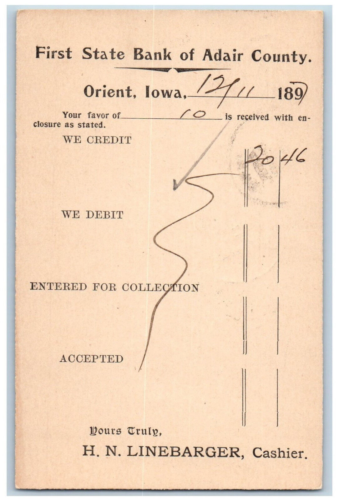 Orient Iowa IA Creston IA Postal Card First State Bank of Adair County 1897