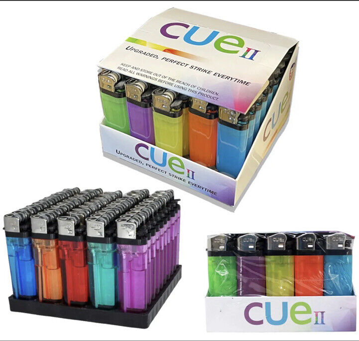 50 Count CUE II Classic Lighters, Assorted Colors, Retail Wholesale Bulk
