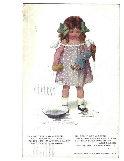c.1910 Cute Little Girl Sick Doll Toy Gutmann Bessie Postcard POSTED