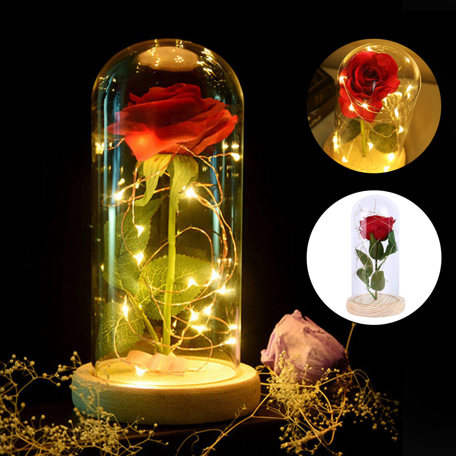 Beauty And The Beast Enchanted Rose Glass Dome LED Night Light Xmas Gift Decor