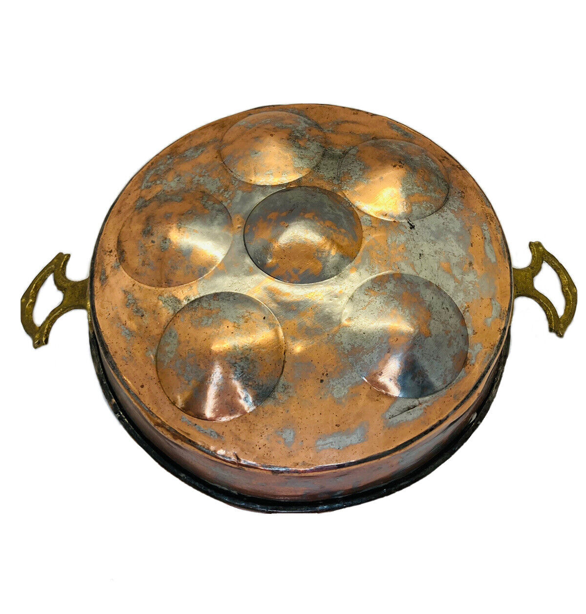 Copper Vintage Metalware w/Brass Handles Poacher Pan Escargot 6-Egg 8.5\