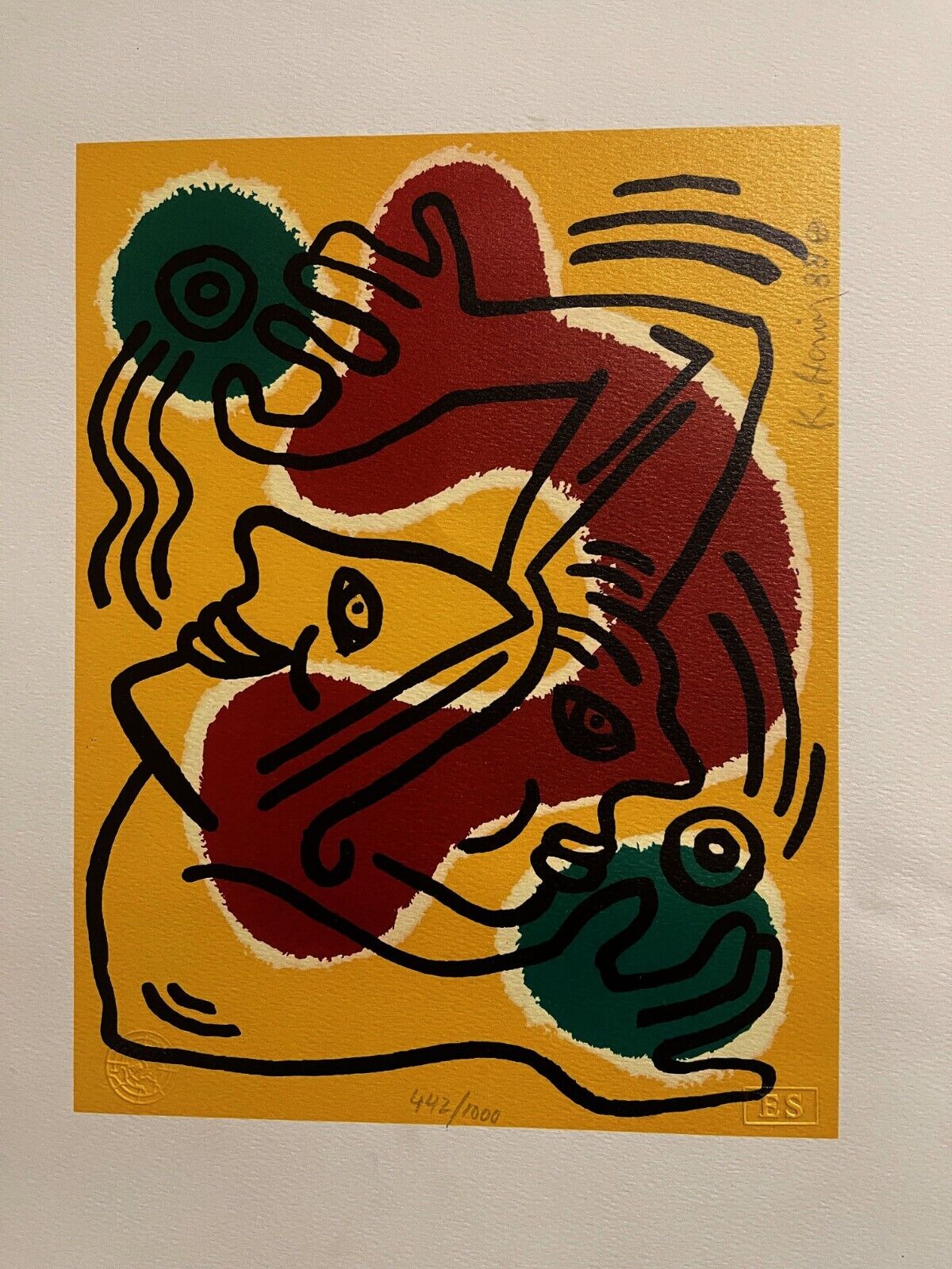 ORIGINAL KEITH HARING INTERNATIONAL YOUTH YEAR COLORED LITHOGRAPH SIGNED COA