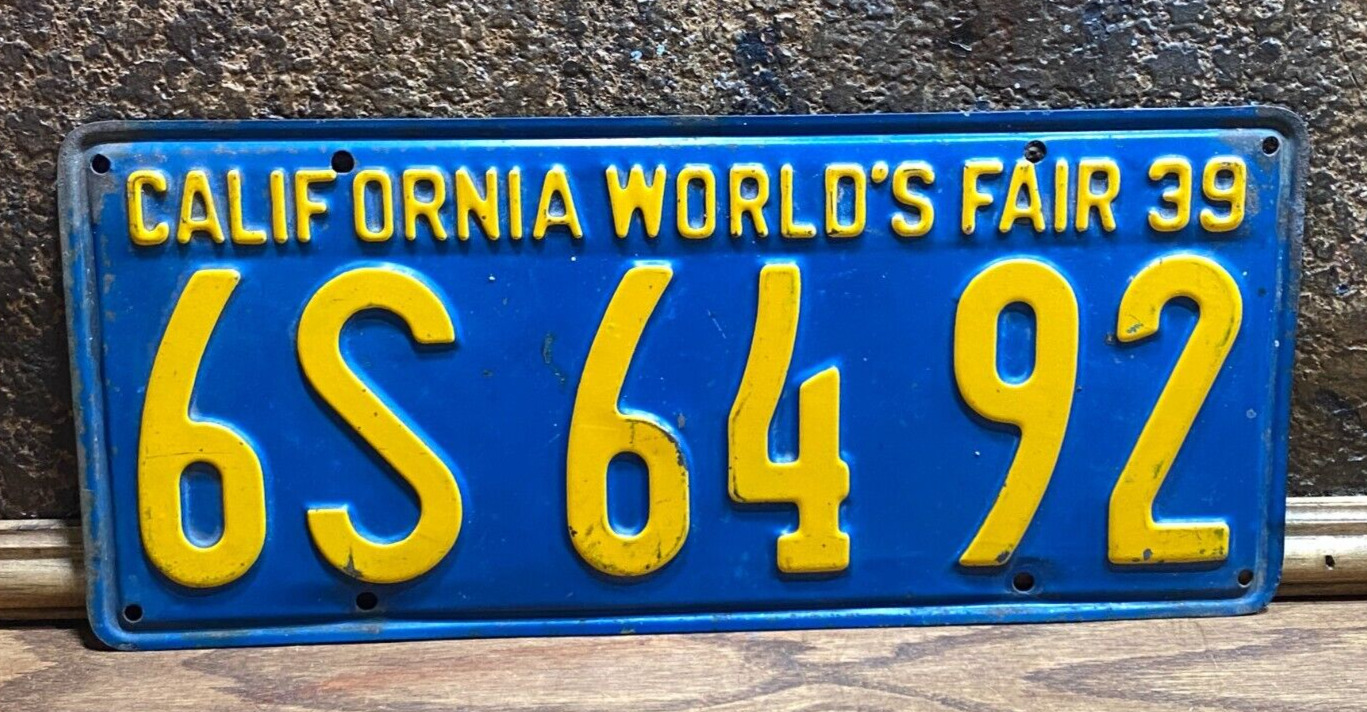 Vintage 1939 California Car License Plate ~ CA Automobile Tag 39 Worlds Fair