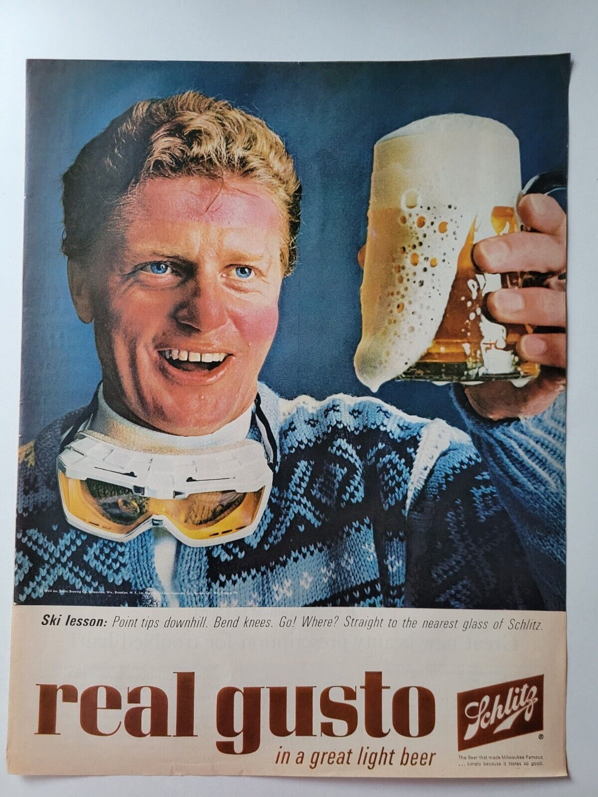 1964 Schlitz beer man goggles mug ski lesson vintage ad