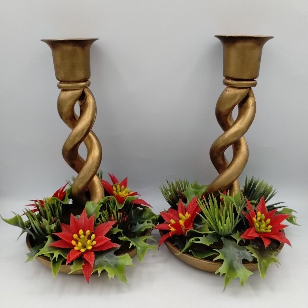 Vintage Christmas Candle Holders Twisted Plastic Brass-look Poinsettias Faux