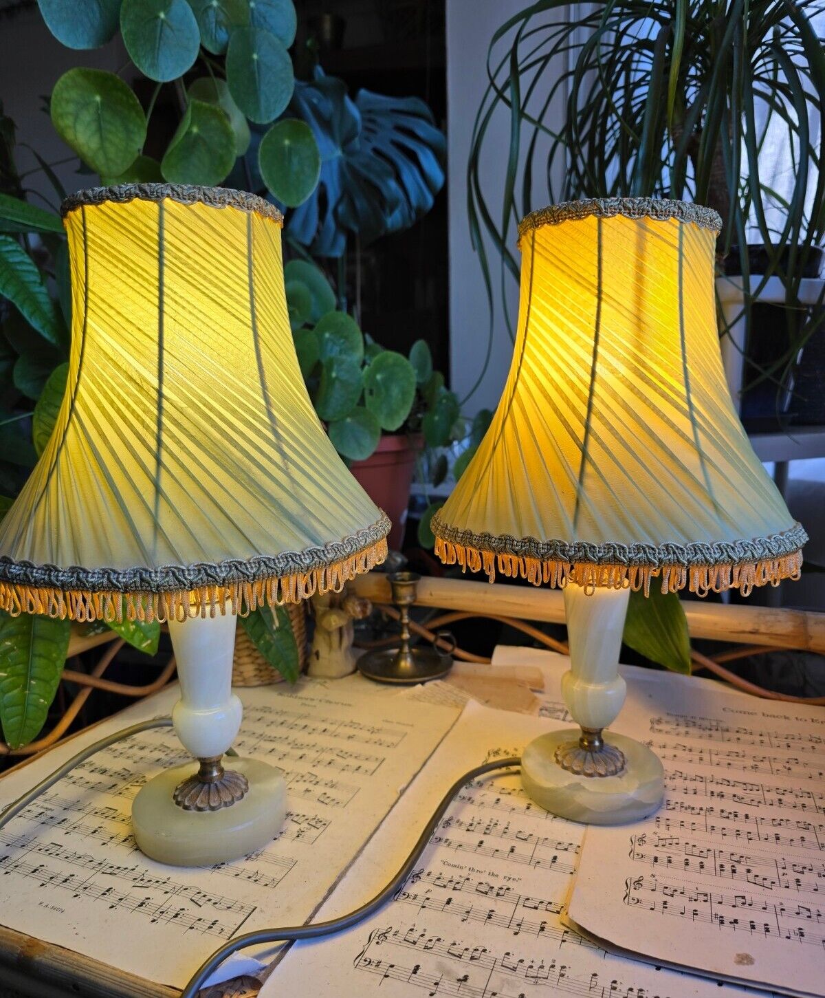 Vintage Green Onyx Table Lamps X 2 & Green Silky Victorian Style Shades 34 Cm