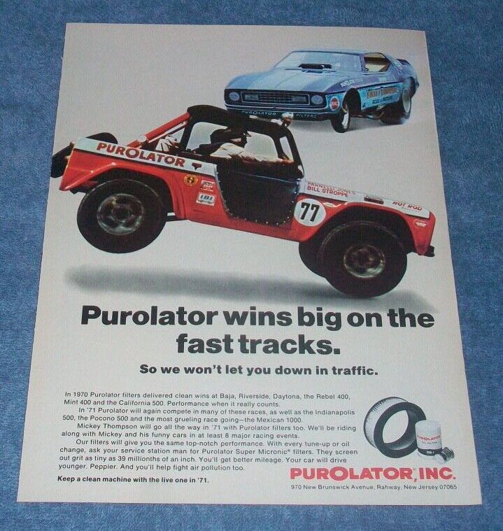 1971 Purolator Filters Vintage Ad with Jones Stroppe Ford Bronco Baja 500 