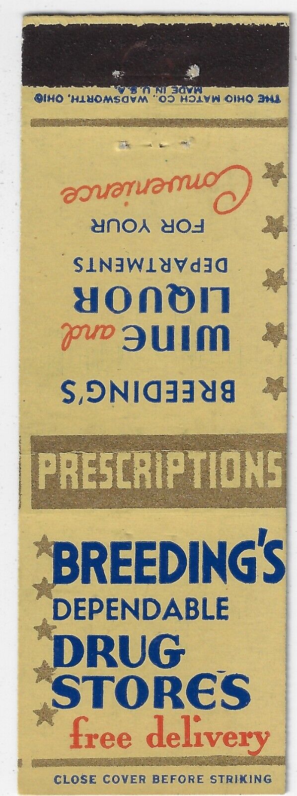 Breeding's Dependable Drug Stores 1940's FS Empty Matchbook Cover