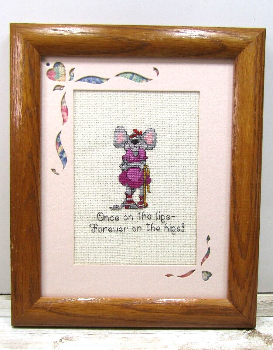 Vintage Picture in Frames colorful Cross Stitch Mouse Girl good cond.
