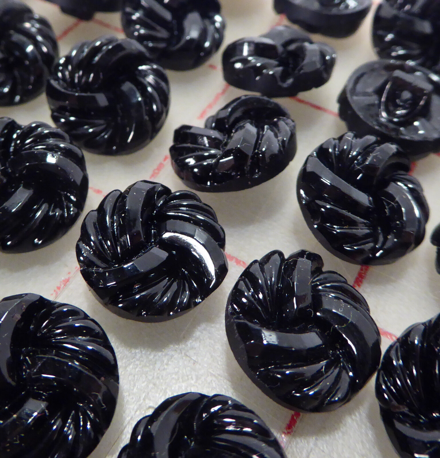 36 black Czech pressed glass shank buttons spiral facet design 9/16\