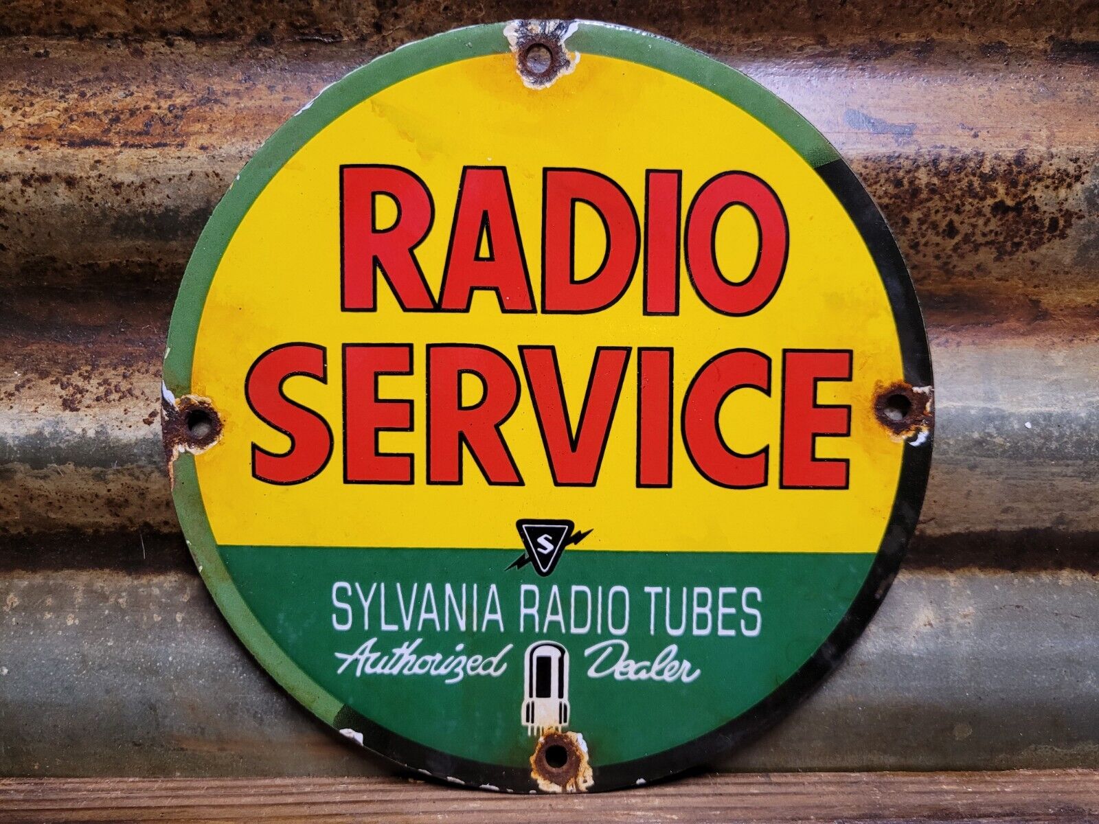 VINTAGE SYLVANIA PORCELAIN SIGN RADIO TUBES AUTHORIZED SERVICE AM FM 8\
