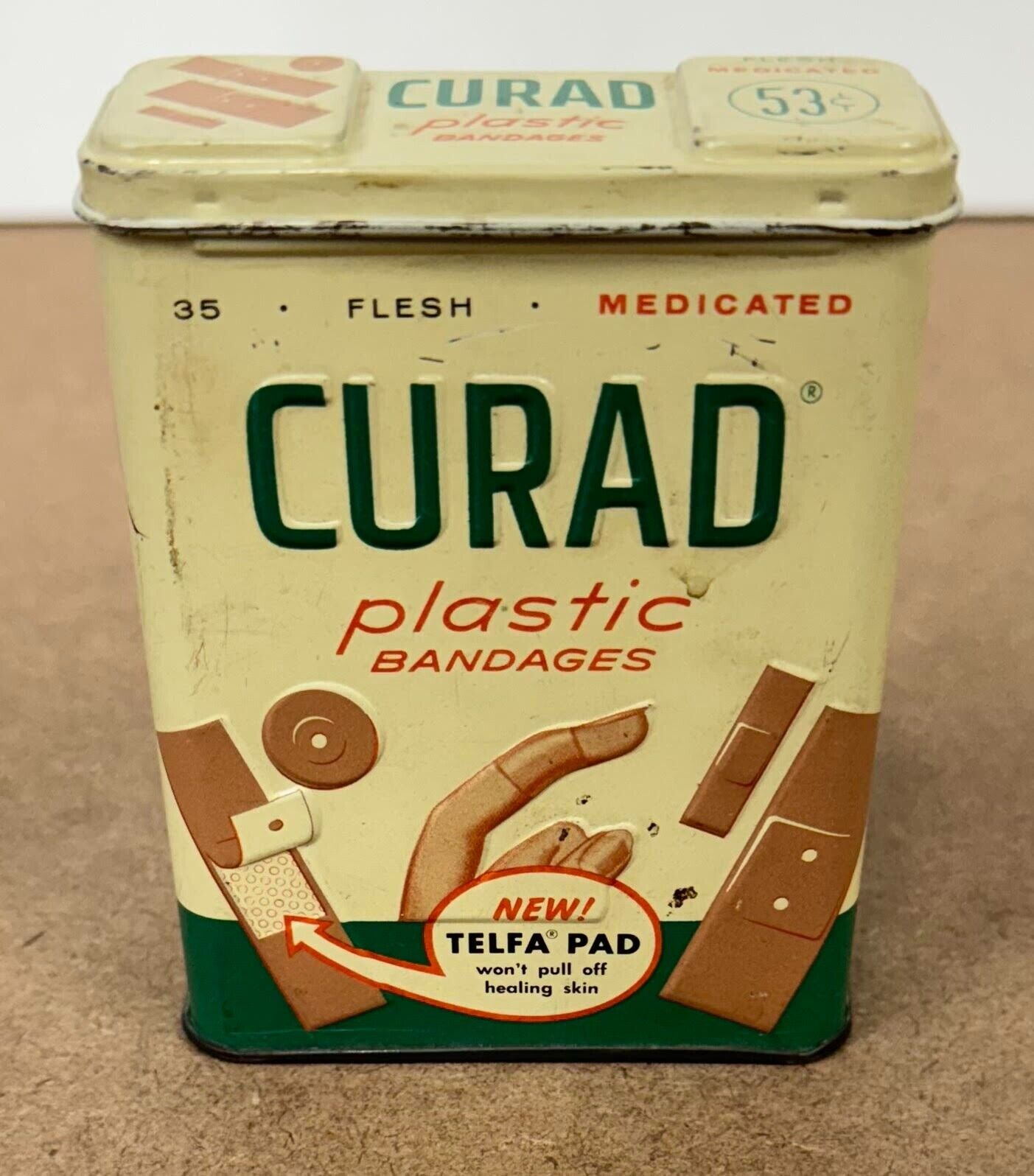 VINTAGE CURAD plastic Bandages Tin Large Economy Size Band Aids EMPTY box 1960s