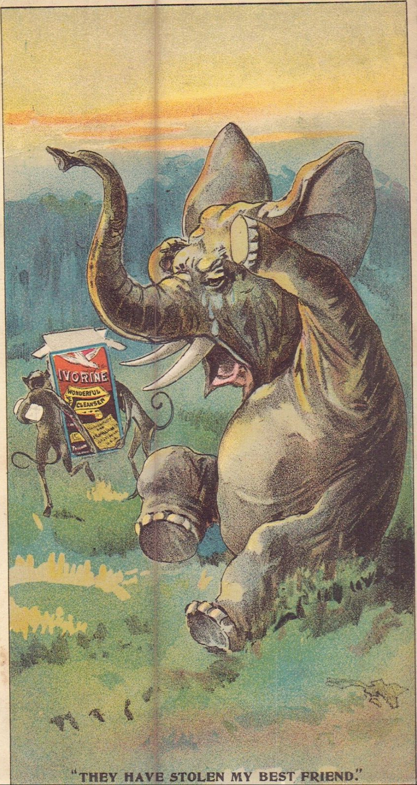 IVORINE WASHING POWDER-TRADE CARD-1900-CRYING ELEPHANT-ADVERTISING-J.B. WILLIAMS