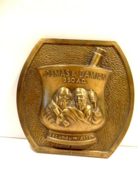 advertising promo brass pharmacy plaque showing Cosmas & Damian