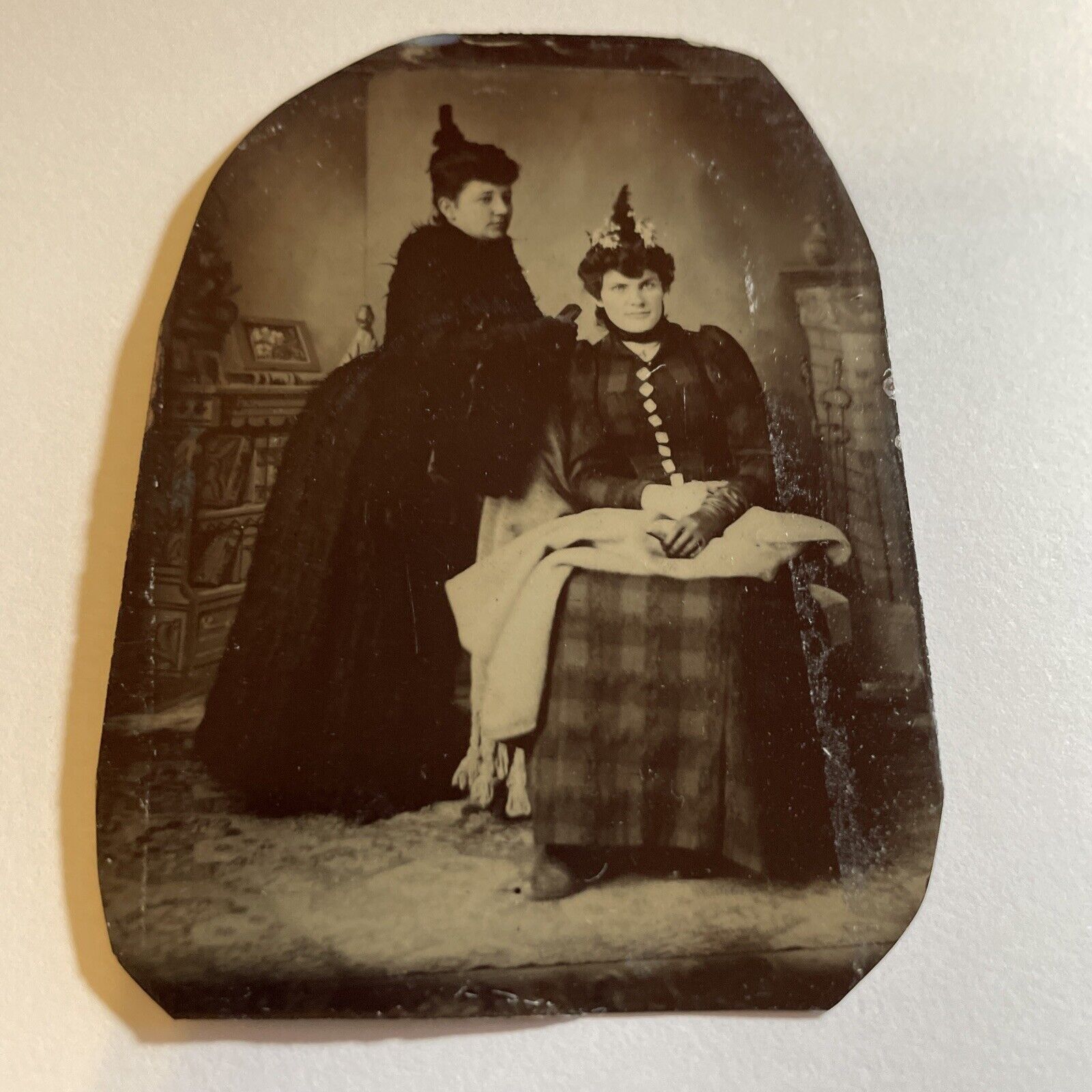 Antique Tintype Photograph Two Ladies, GREAT HAIR JEWELRY, CAPES, BUSTLE DRESS