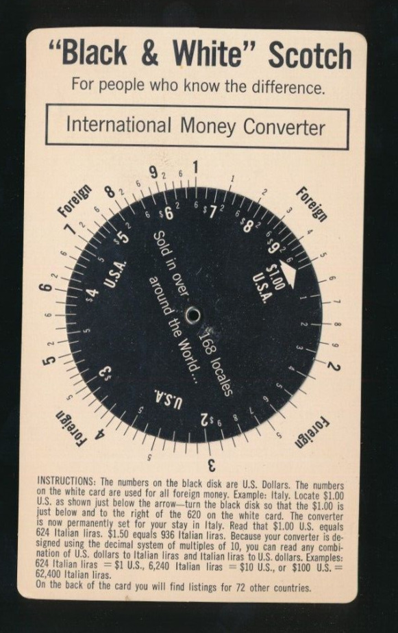 Vintage Fleischmann Black & White Scotch International Money Converter 3.5x6