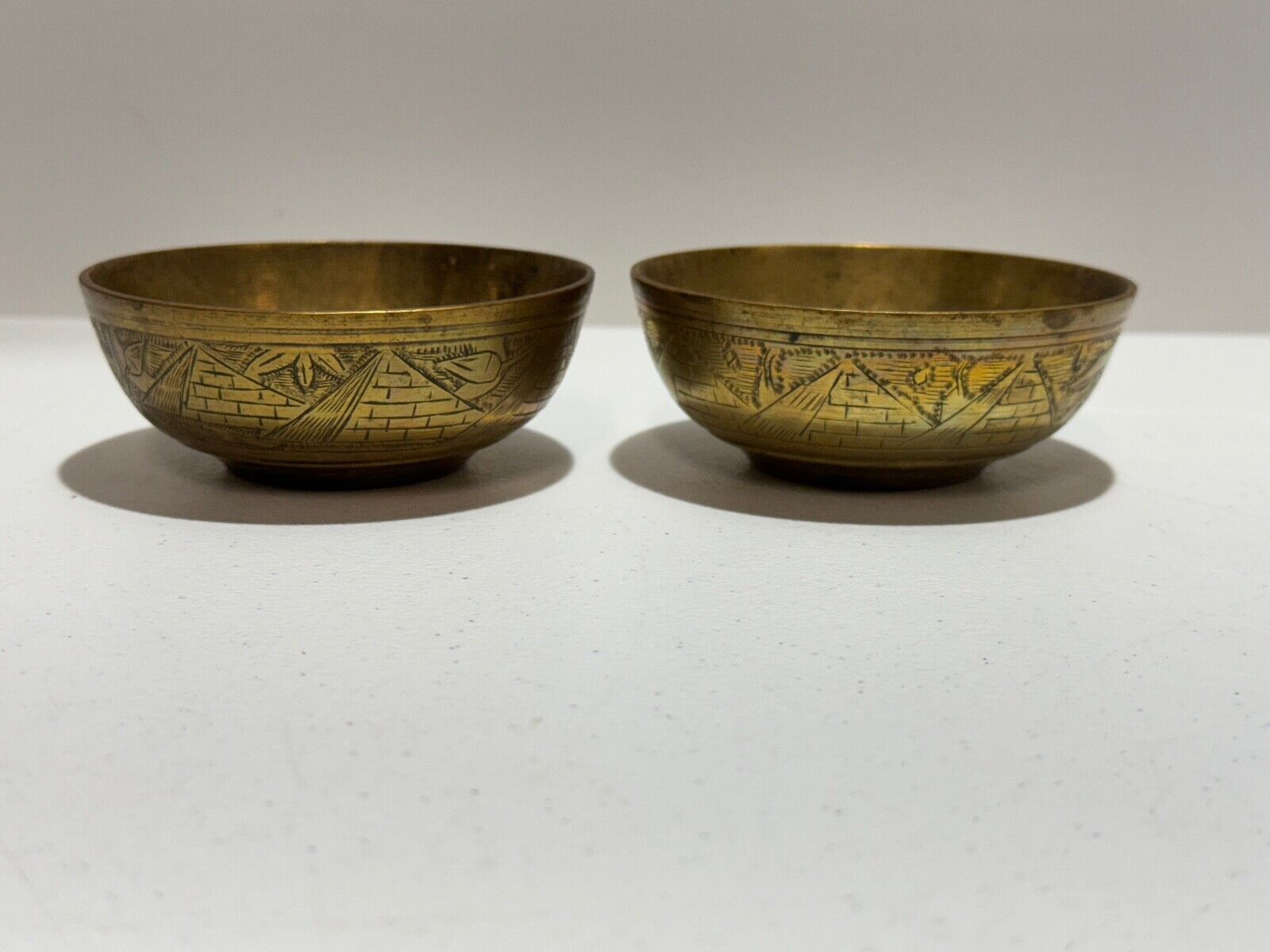 Vintage Egyptian Brass 4 inch Set of 2 Offering Bowl Etchings of Sphinx Pyramids