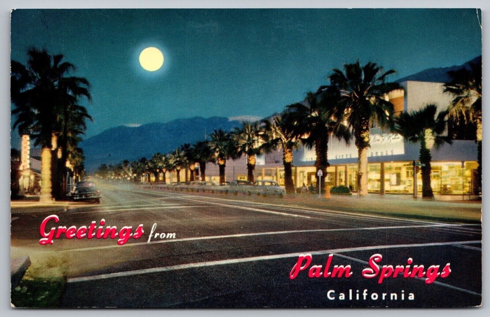Greetings Palm Springs California Moonlight Night Street View Canyon Postcard