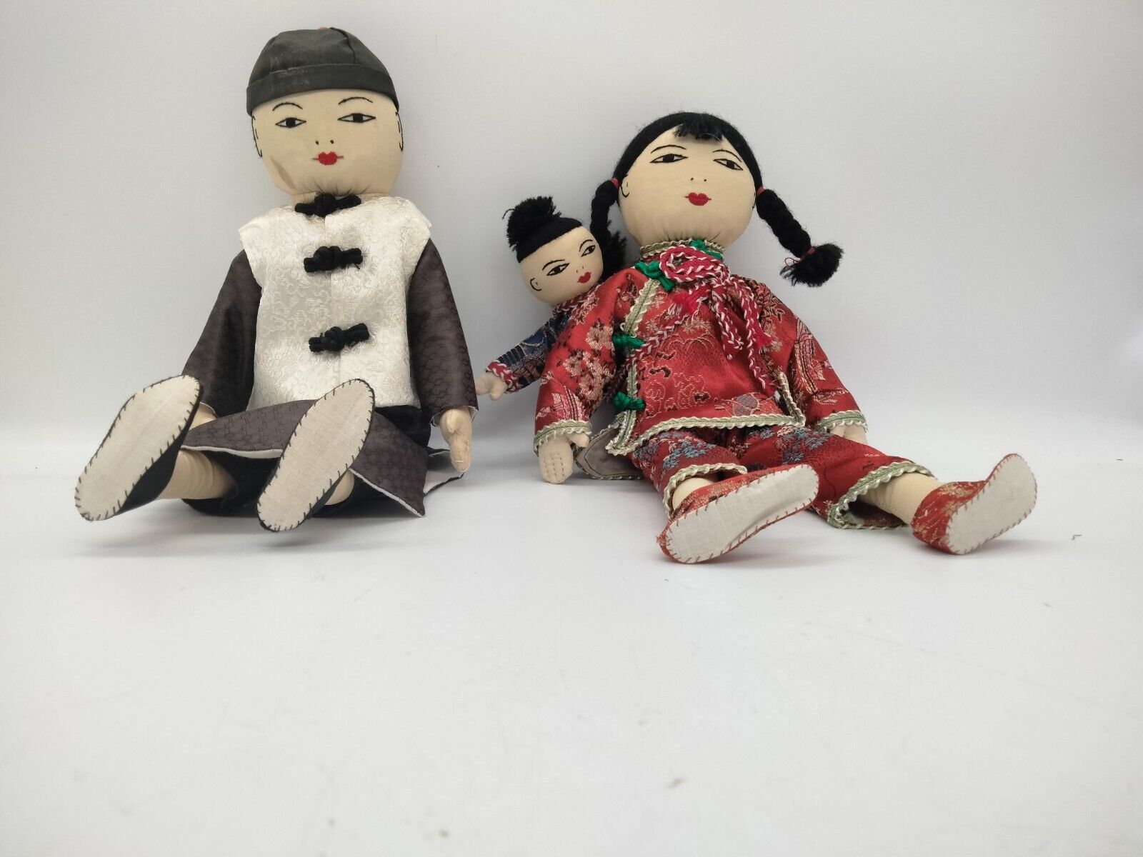 Vintage ADA LUM Hong Kong Set of 3 Chinese Cloth Dolls All Hand Sewn 1960\'s