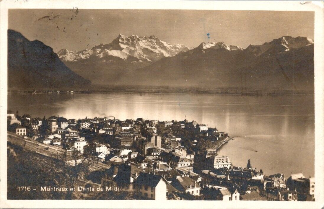 Vintage real photo postcard - Montreux et Dents du Midi Switzerland  town view